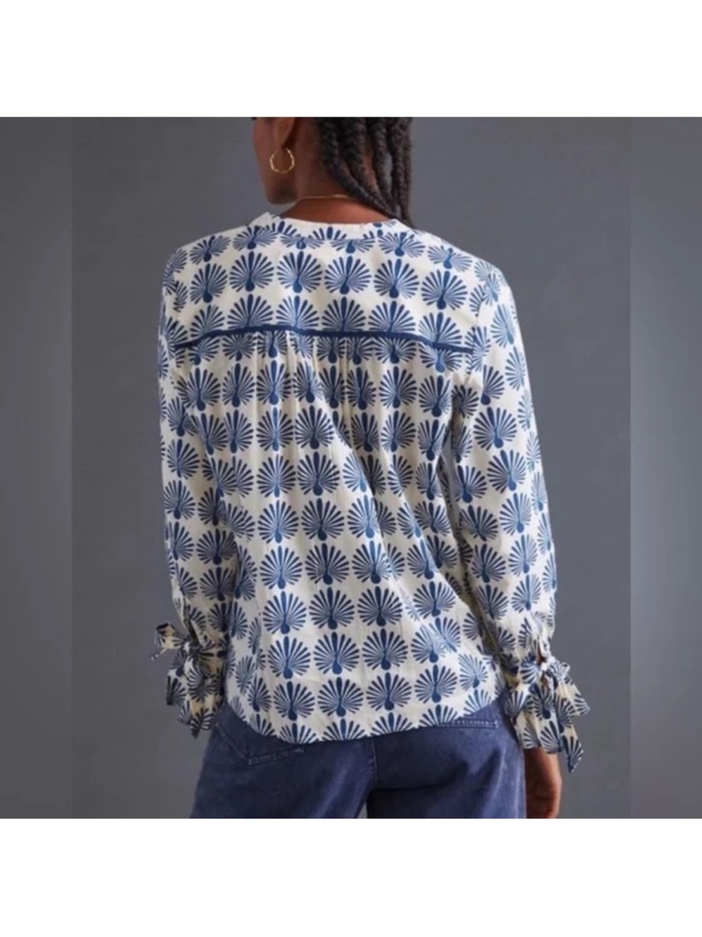 Blue and White Printed Long-Sleeve Split-Neck Blouse - Picture 2 of 12